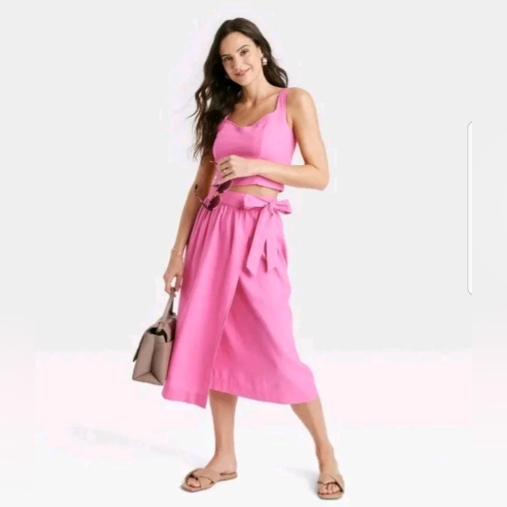 Women's Linen Wrap A-Line Skirt - A New Day Pink L